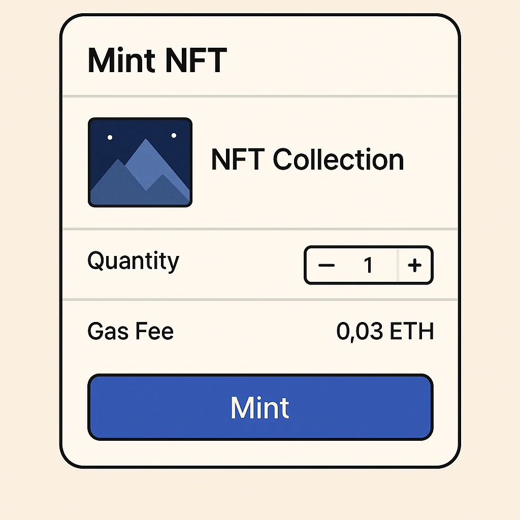 Digital interface for minting NFTs showing collection preview, quantity selector, gas fee estimate, and mint button