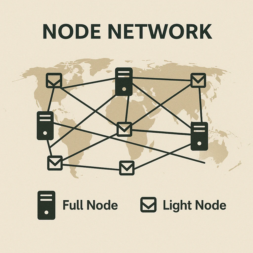 Infographic showing a global node network with full nodes and light nodes connected peer-to-peer across a world map