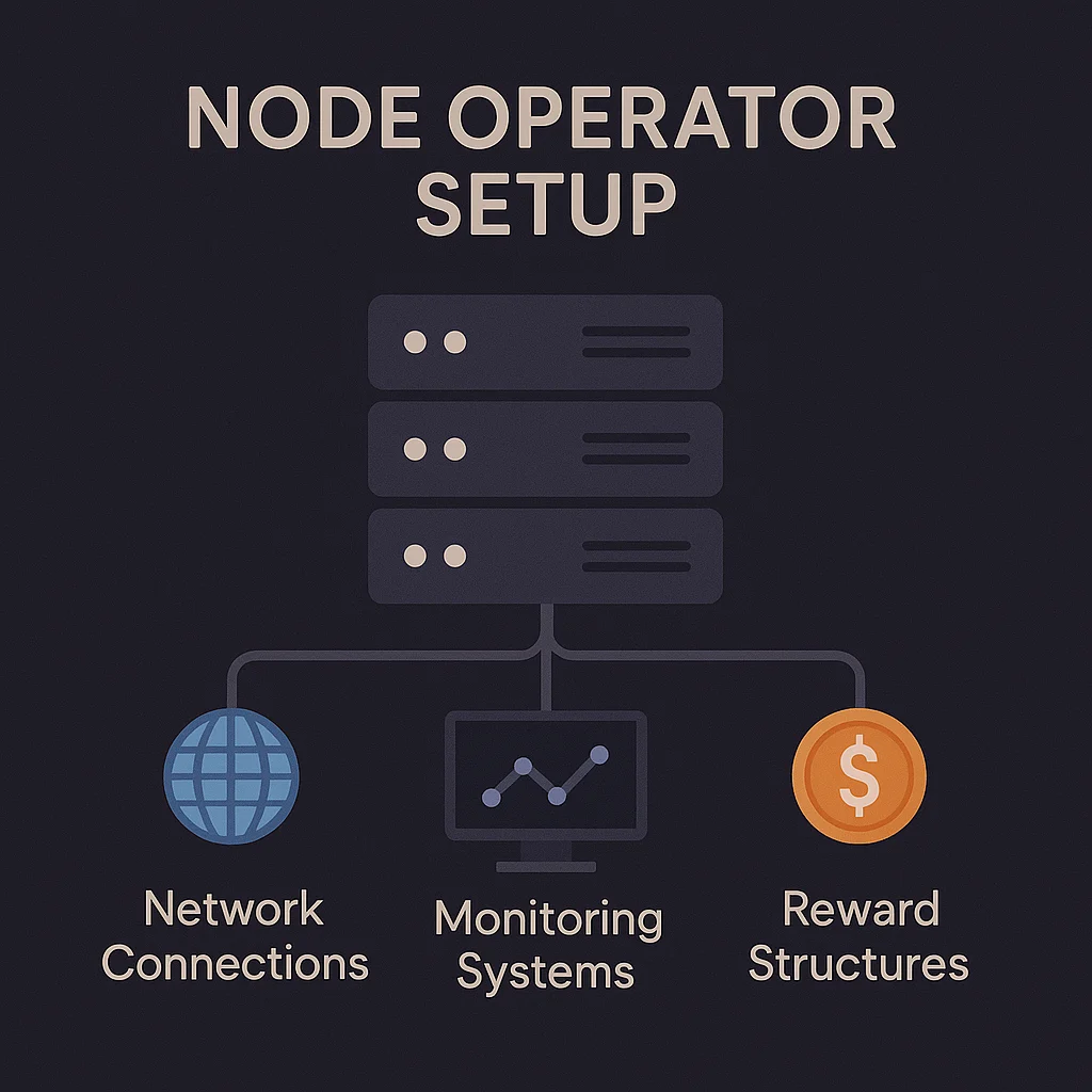 Node operator setup diagram showing server stack connected to network infrastructure, monitoring systems, and reward structures.