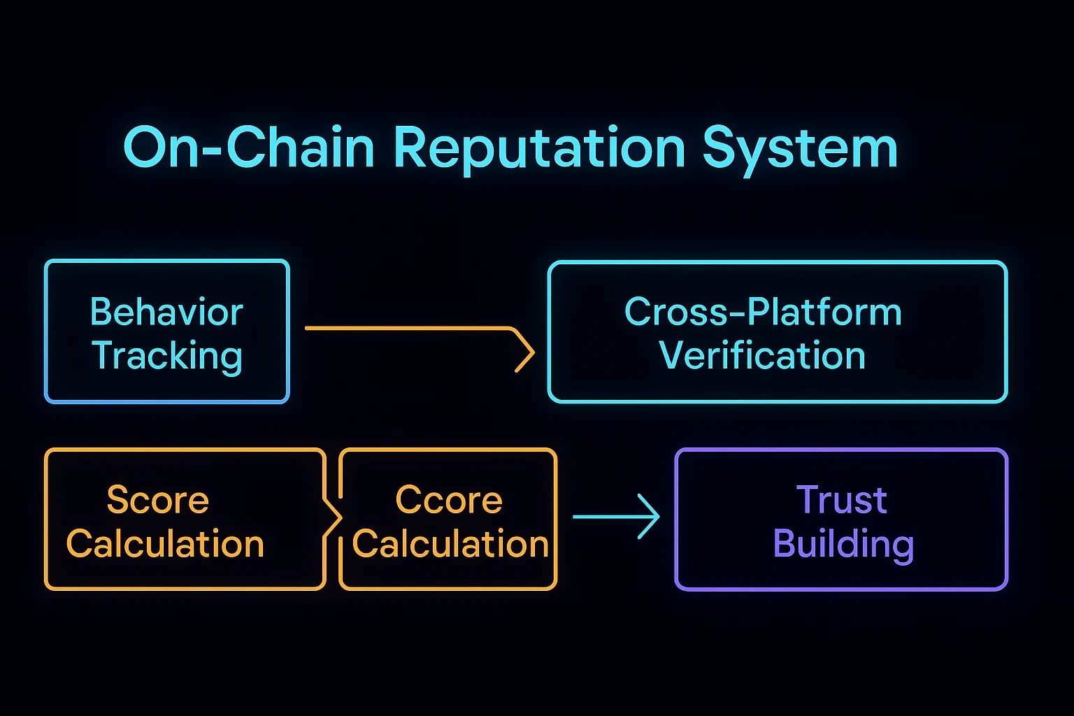 On-chain reputation system flow showing behavior tracking, score calculation, cross-platform verification, and trust building