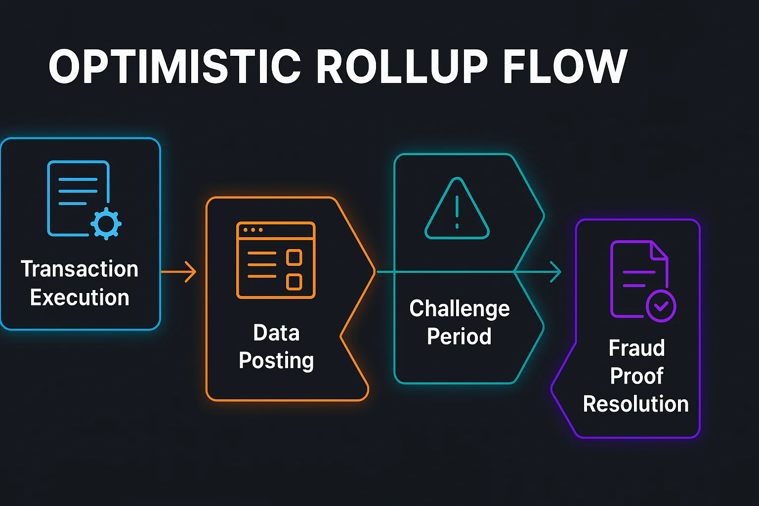 Optimistic rollup process showing transaction execution, data posting, challenge period, and fraud proof resolution