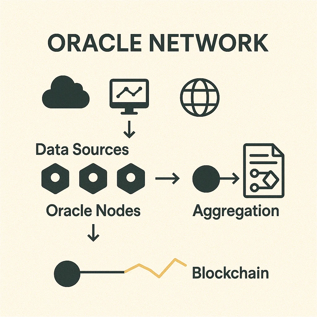 Infographic showing how oracle networks connect multiple data sources to blockchain smart contracts via aggregation and oracle nodes