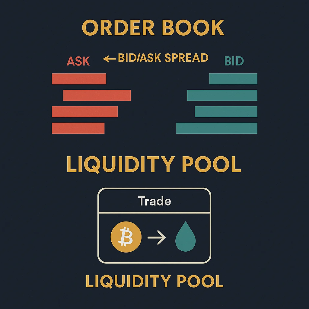 Comparison chart showing order book bid/ask depth and liquidity pool trading interface