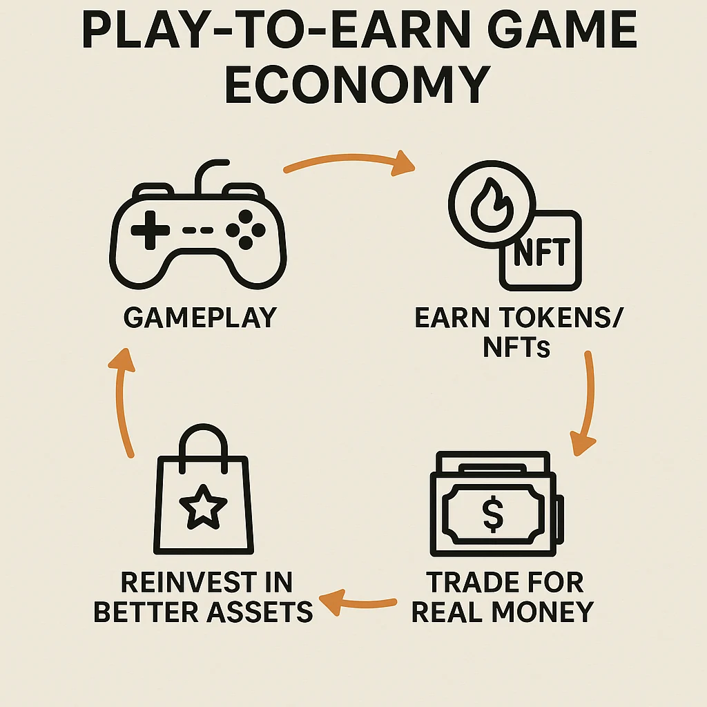 Infographic showing play-to-earn game economy cycle from gameplay to earning tokens/NFTs, trading for money, and reinvesting in assets