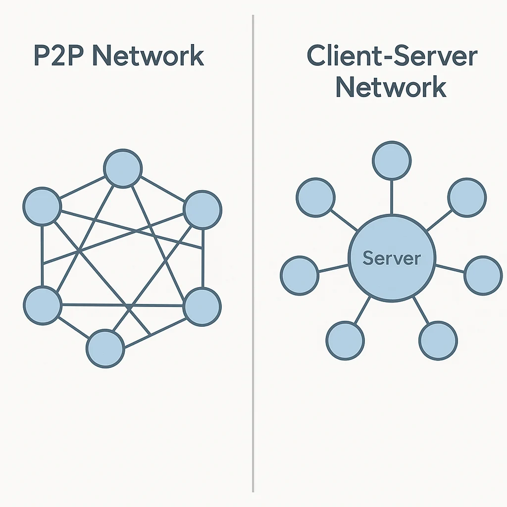 Side-by-side diagram comparing peer-to-peer network and centralized client-server model