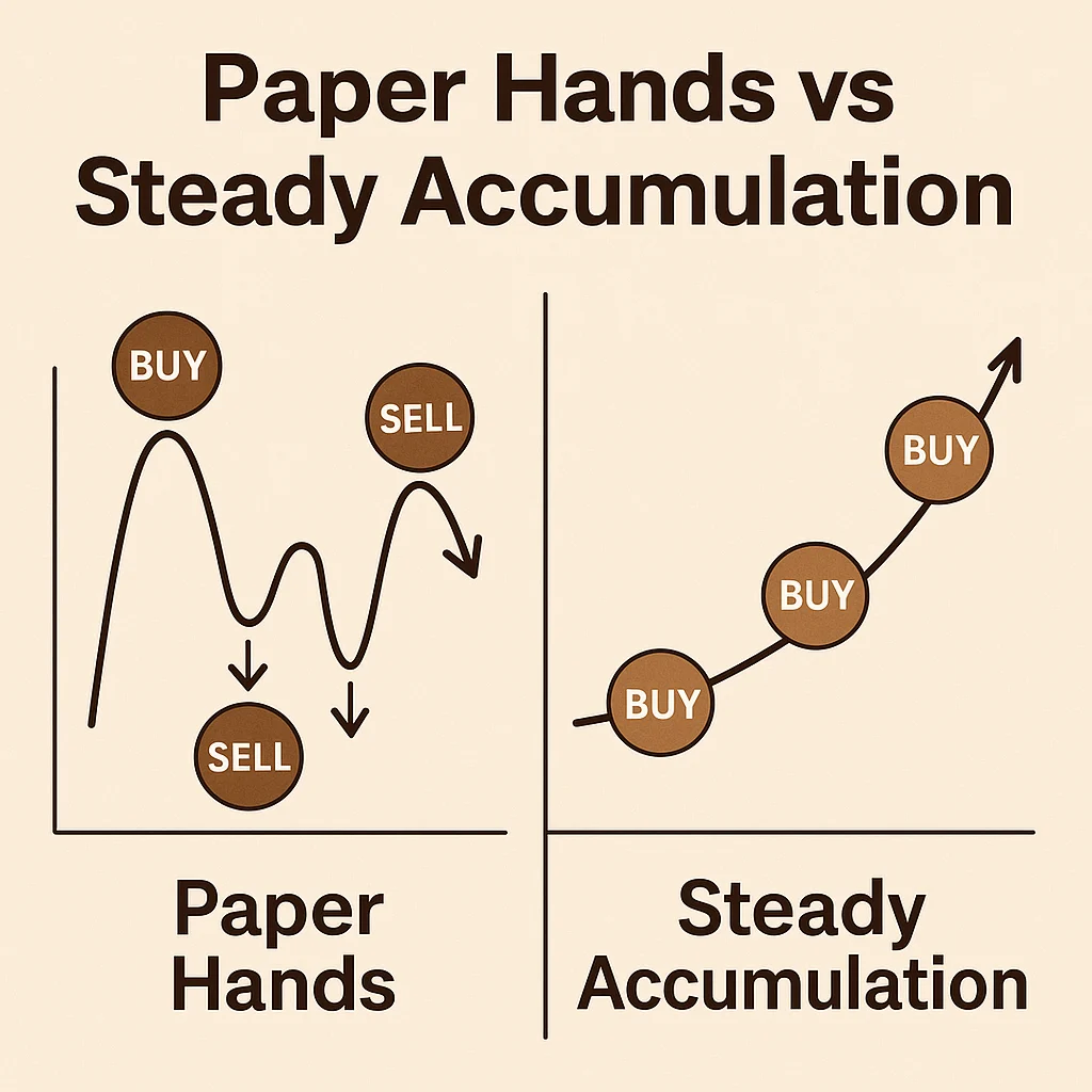 Infographic comparing paper hands behavior of buying high and selling low versus steady accumulation strategy with consistent upward buys