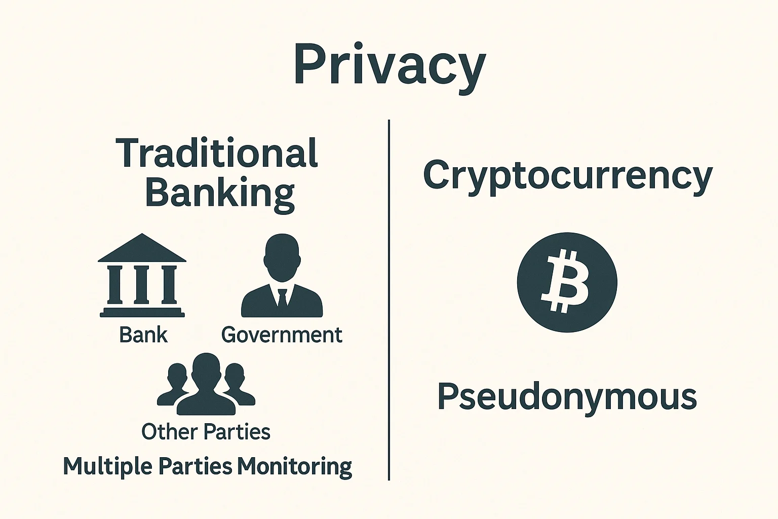 Side-by-side privacy comparison between traditional banking (banks, governments, third parties) and pseudonymous cryptocurrency