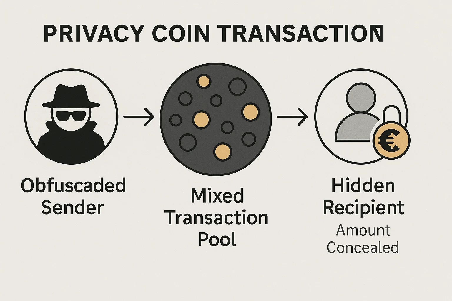 Infographic showing a privacy coin transaction flow with obfuscated sender, mixed transaction pool, and hidden recipient with concealed amount
