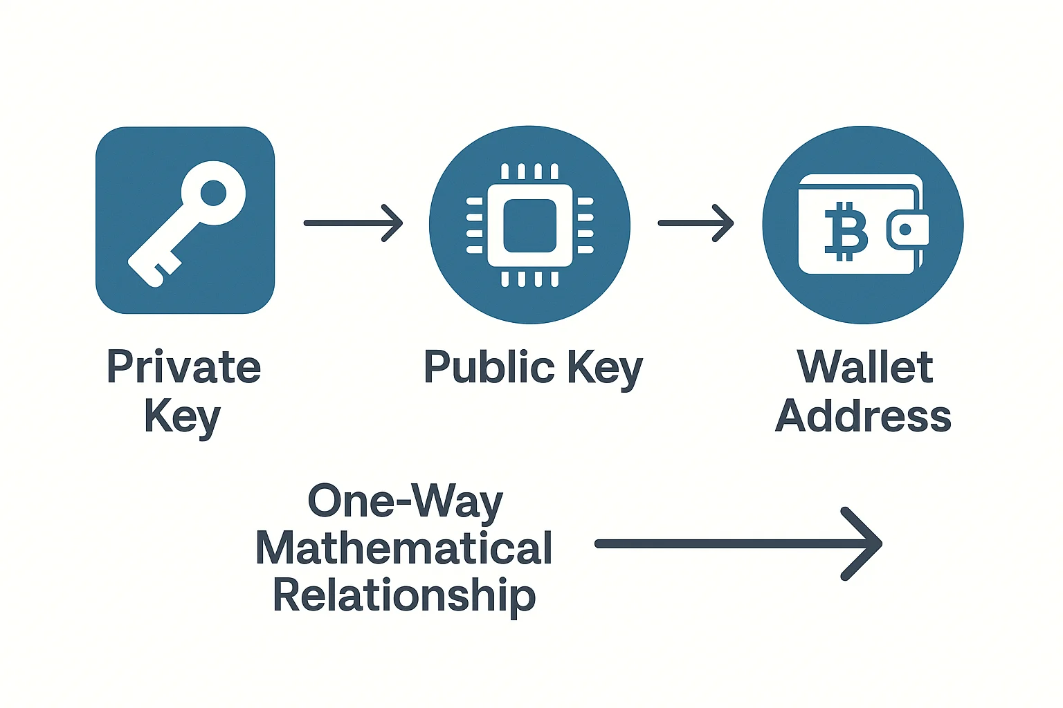 Diagram showing how a private key generates a public key and wallet address in a one-way relationship