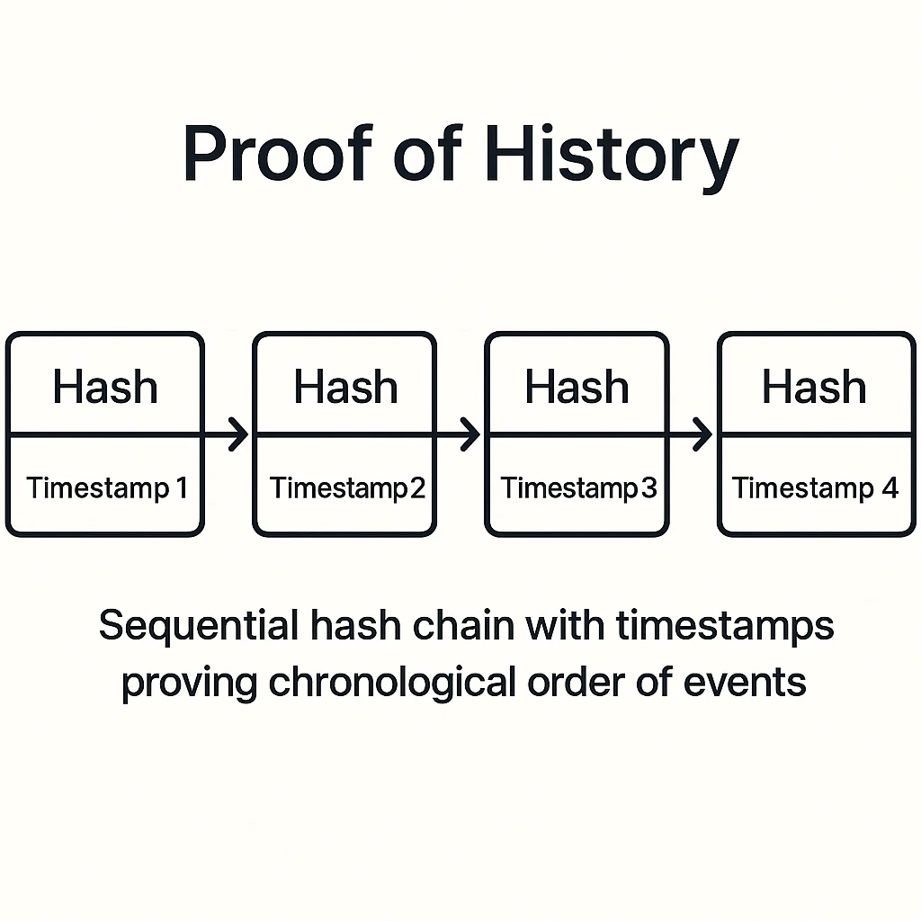 Proof of History timeline showing sequential hash chain with timestamps verifying the chronological order of events.