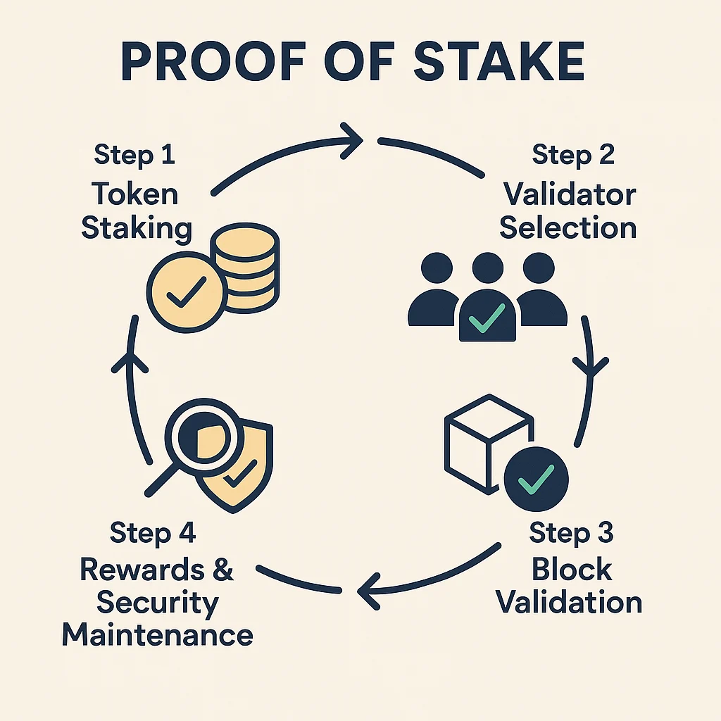 Infographic showing the Proof of Stake cycle: token staking, validator selection, block validation, rewards distribution, and security maintenance