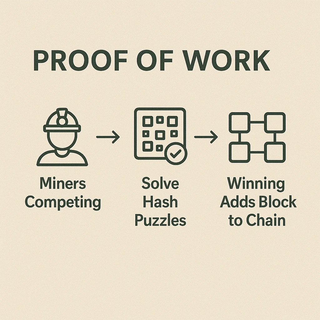 Infographic showing the Proof of Work process: miners competing, solving hash puzzles, and adding a block to the blockchain