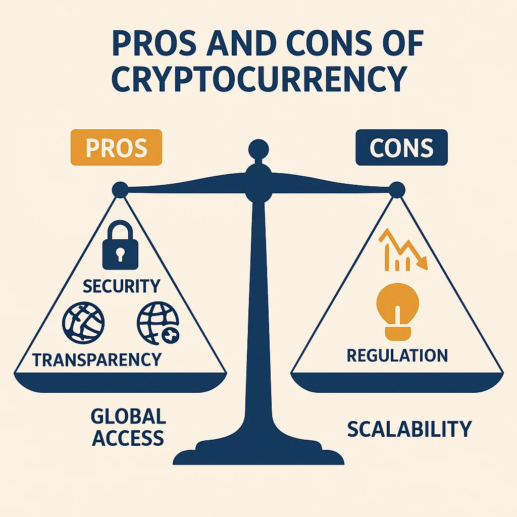 Balanced scale showing pros and cons of cryptocurrency with icons for security, transparency, regulation, and scalability