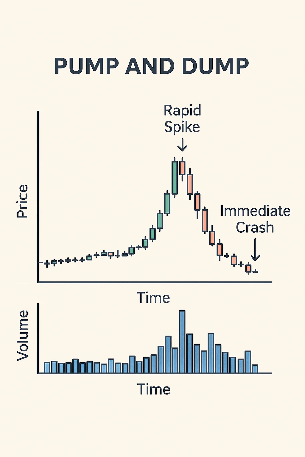 Price chart showing pump and dump pattern with rapid spike, immediate crash, and volume bars