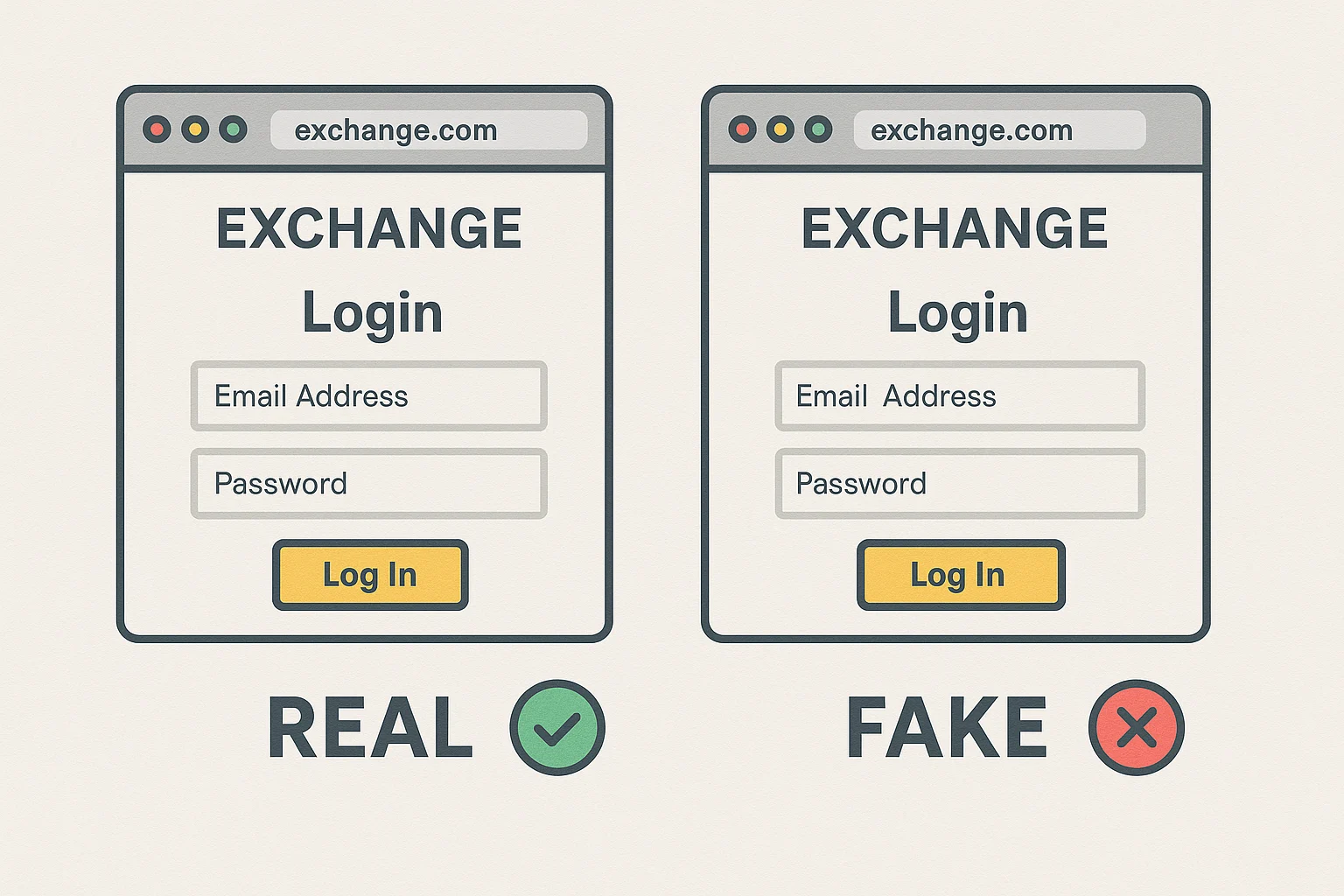 Side-by-side comparison of real and fake cryptocurrency exchange login pages, highlighting subtle URL differences