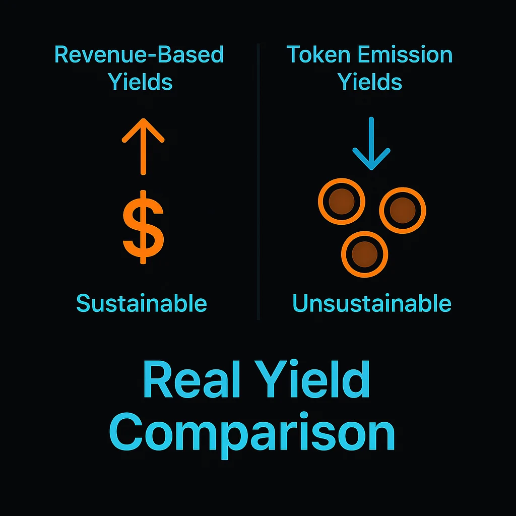 Real yield comparison showing revenue-based sustainable yields versus token emission-based unsustainable yields