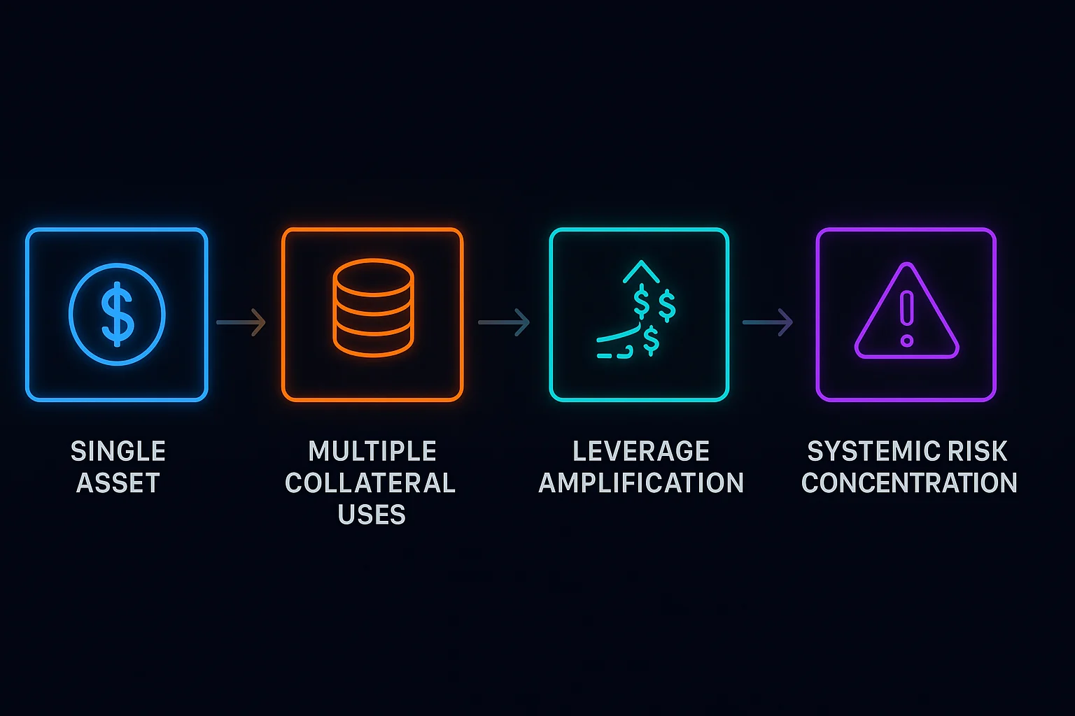 Rehypothecation chain showing single asset, multiple collateral uses, leverage amplification, and systemic risk concentration