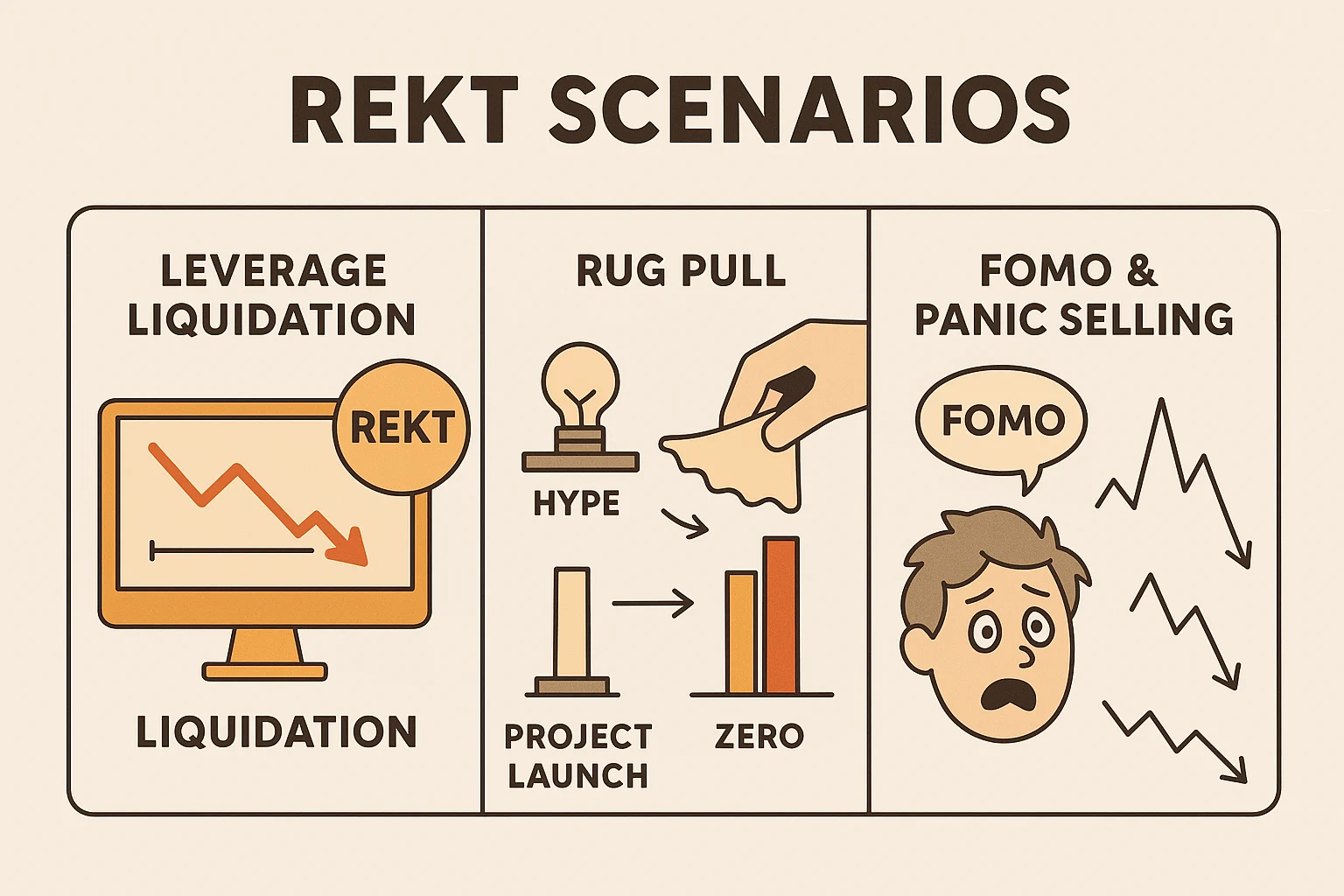 Infographic showing three REKT scenarios: leverage liquidation, rug pulls, and FOMO-induced panic selling with charts, icons, and emotional expressions