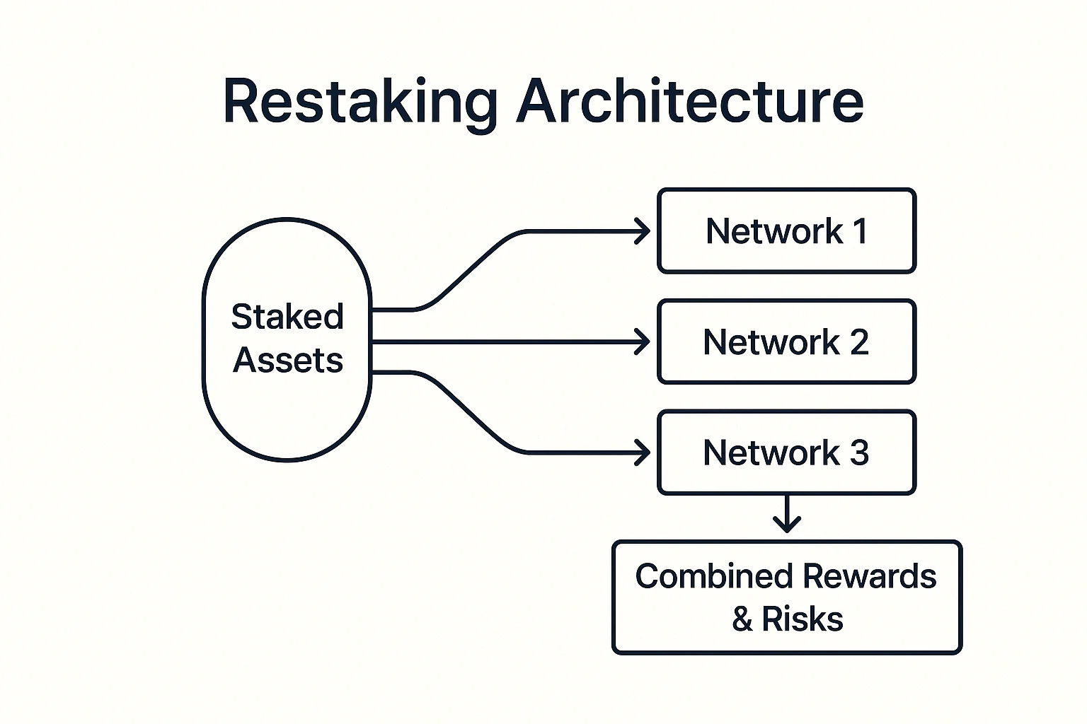 Restaking architecture diagram showing staked assets securing multiple networks with combined rewards and risks.