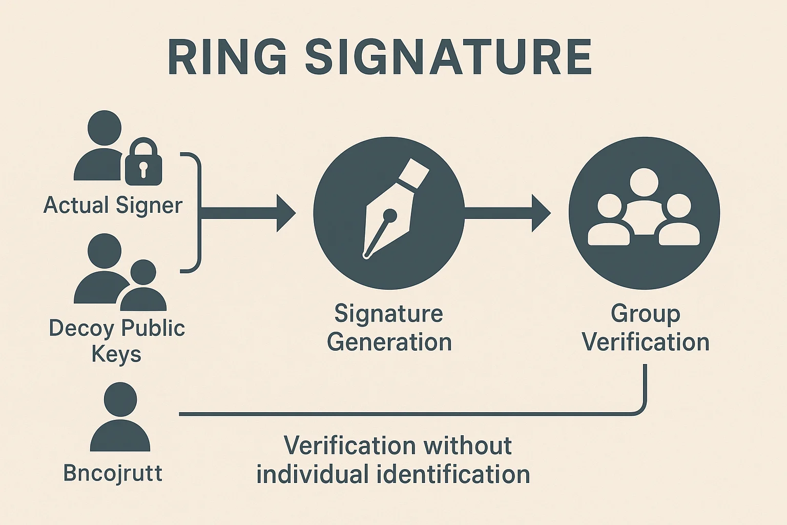 Infographic showing the ring signature process with actual signer and decoy public keys used to generate a group signature that is verifiable without revealing the individual signer