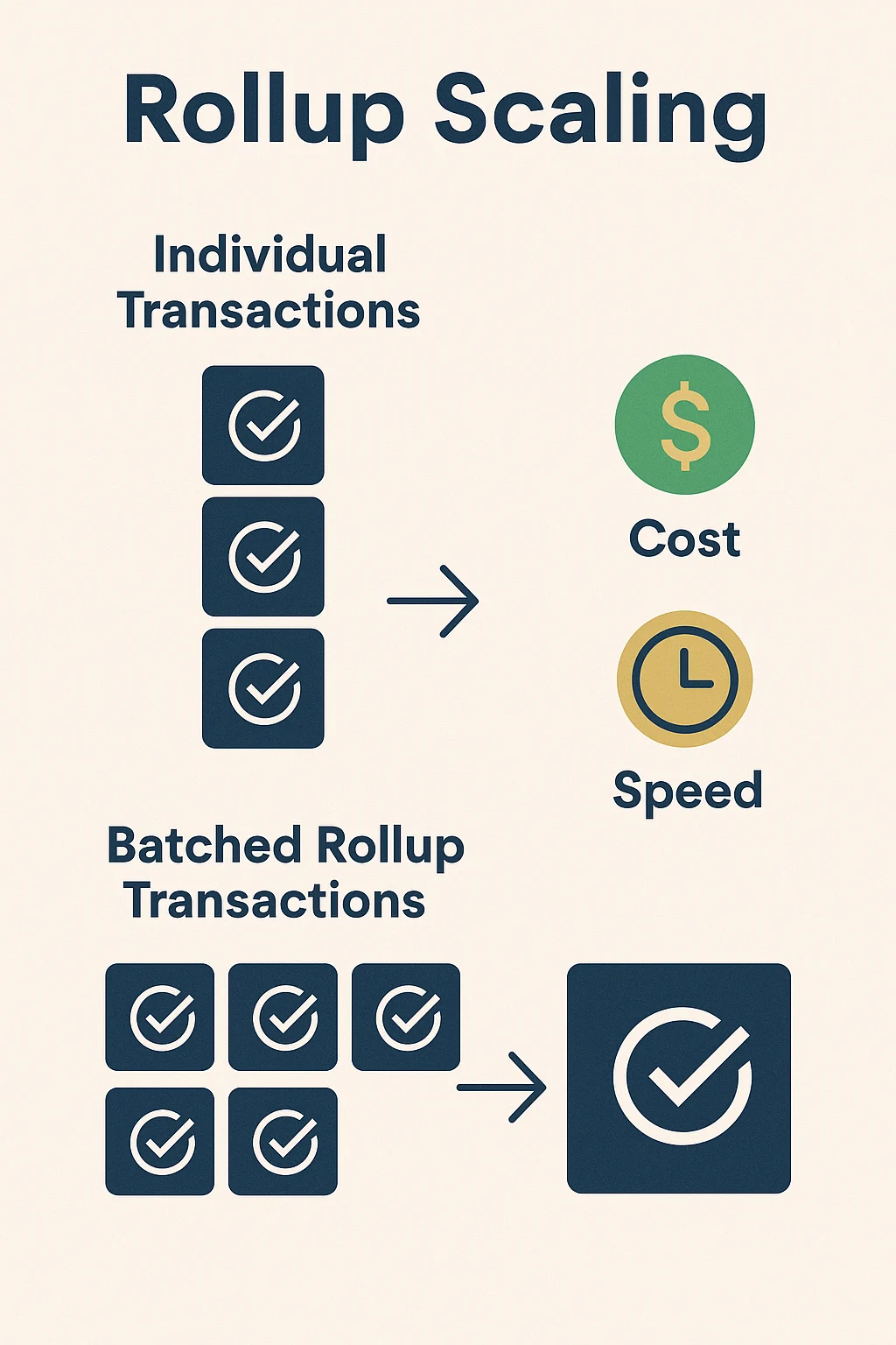 Infographic comparing individual blockchain transactions to batched rollup transactions, showing improvements in cost and speed