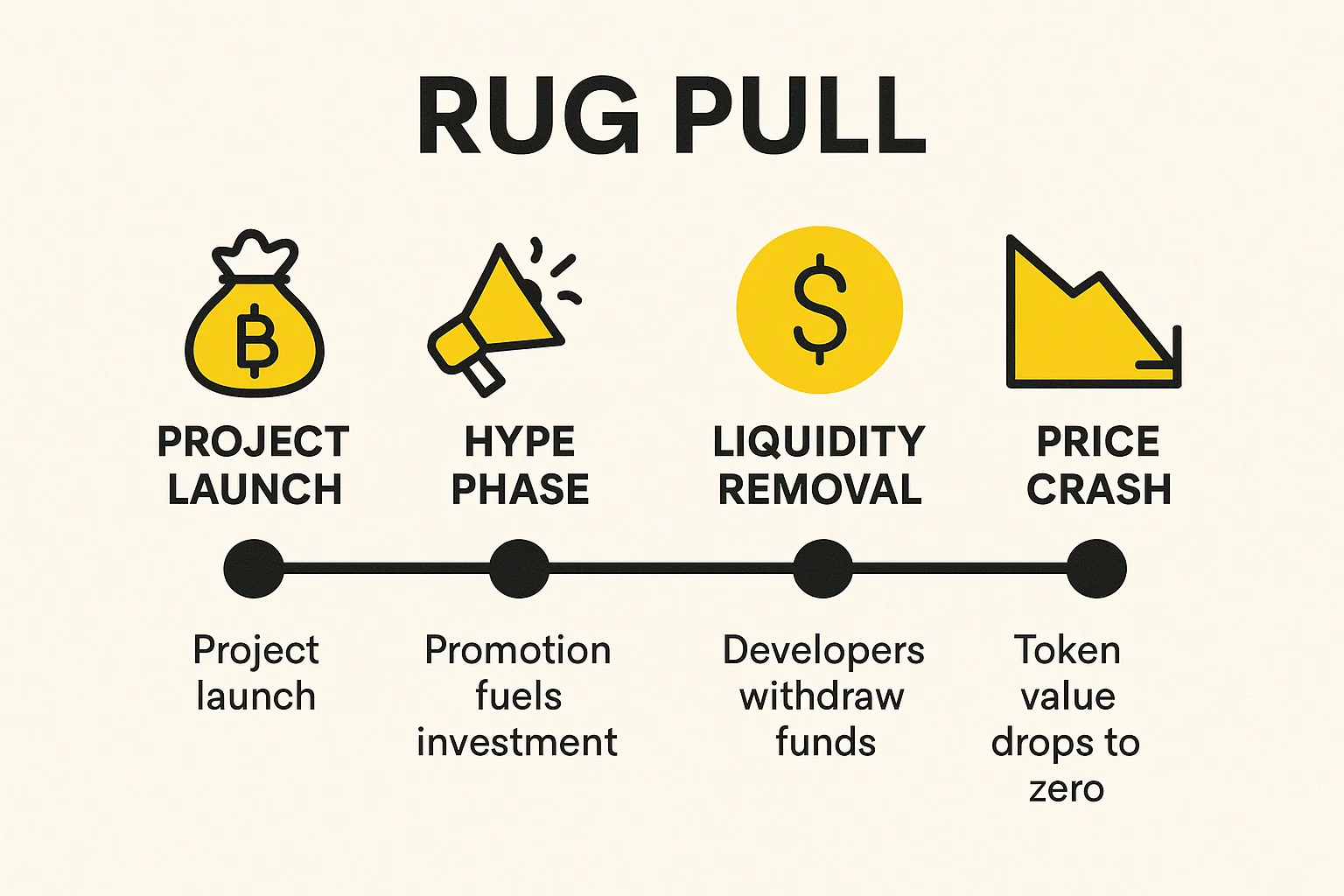Infographic timeline showing a rug pull process: project launch, hype phase, sudden liquidity removal, and price crash to zero