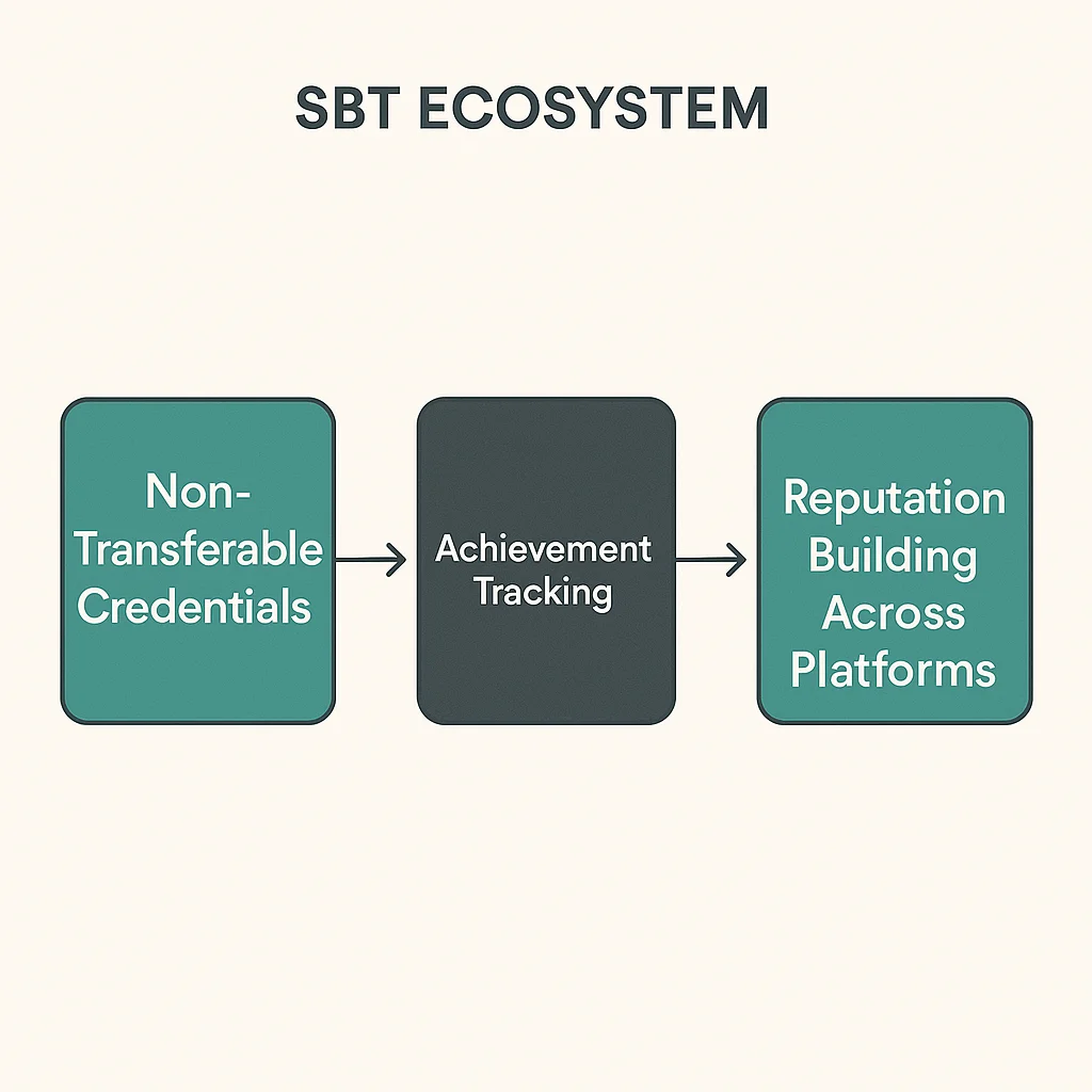 SBT ecosystem diagram showing non-transferable credentials, achievement tracking, and reputation building across platforms.