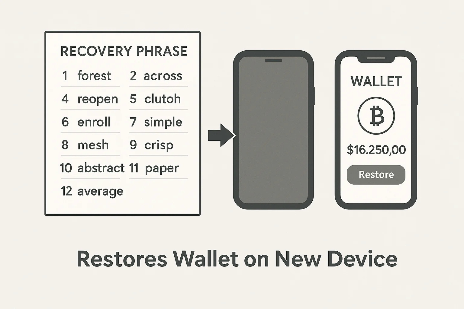 Seed phrase recovery sheet showing 12 words used to restore a crypto wallet on a new device