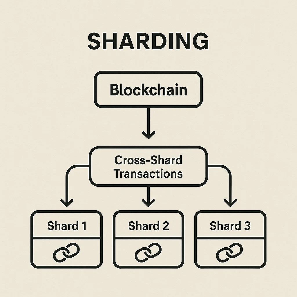 Diagram showing blockchain sharding with a main blockchain splitting into multiple parallel shards and cross-shard transaction bridges
