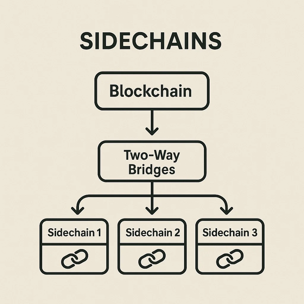 Infographic showing sidechain architecture with a main blockchain connected to multiple sidechains via two-way bridges