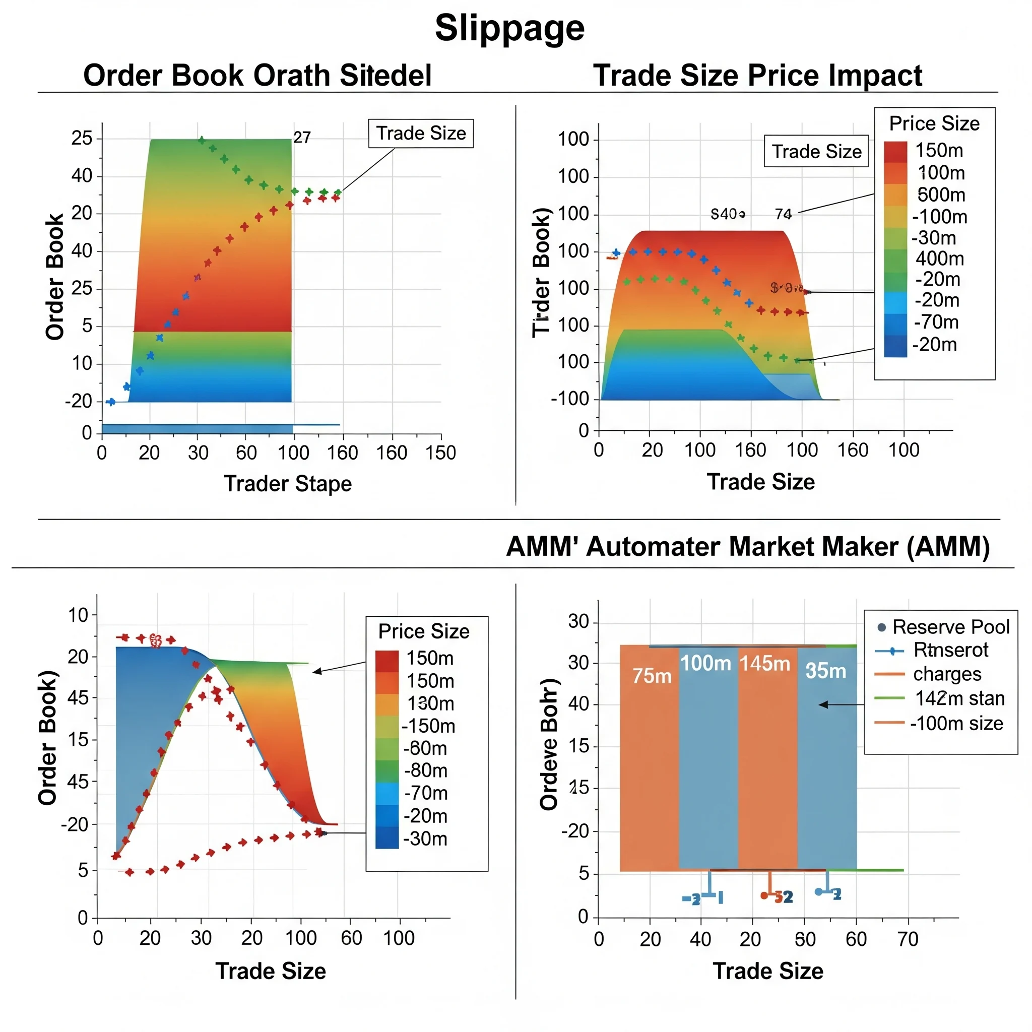 Visualization showing slippage in crypto trading, comparing price impact on order book and AMM models for different trade sizes.