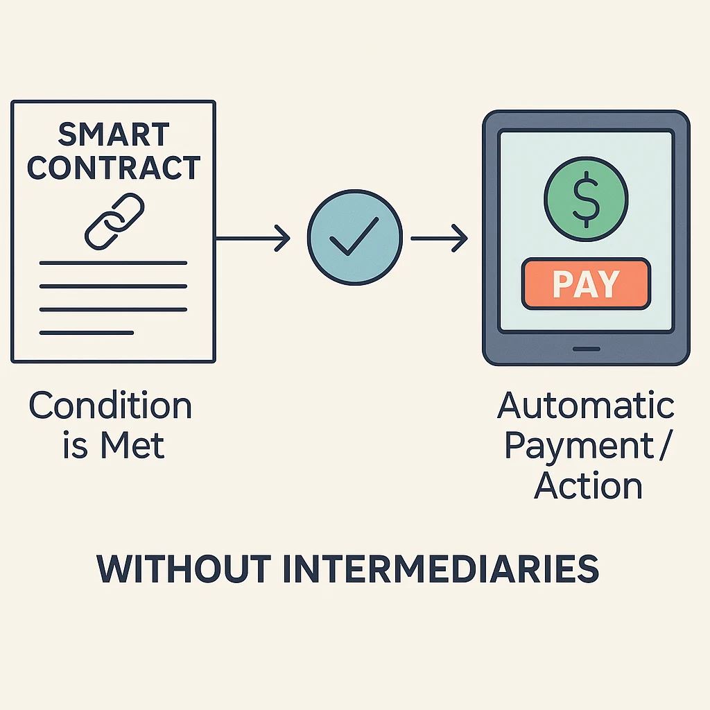 Flowchart showing smart contract triggering automatic payment/action when condition is met, without intermediaries