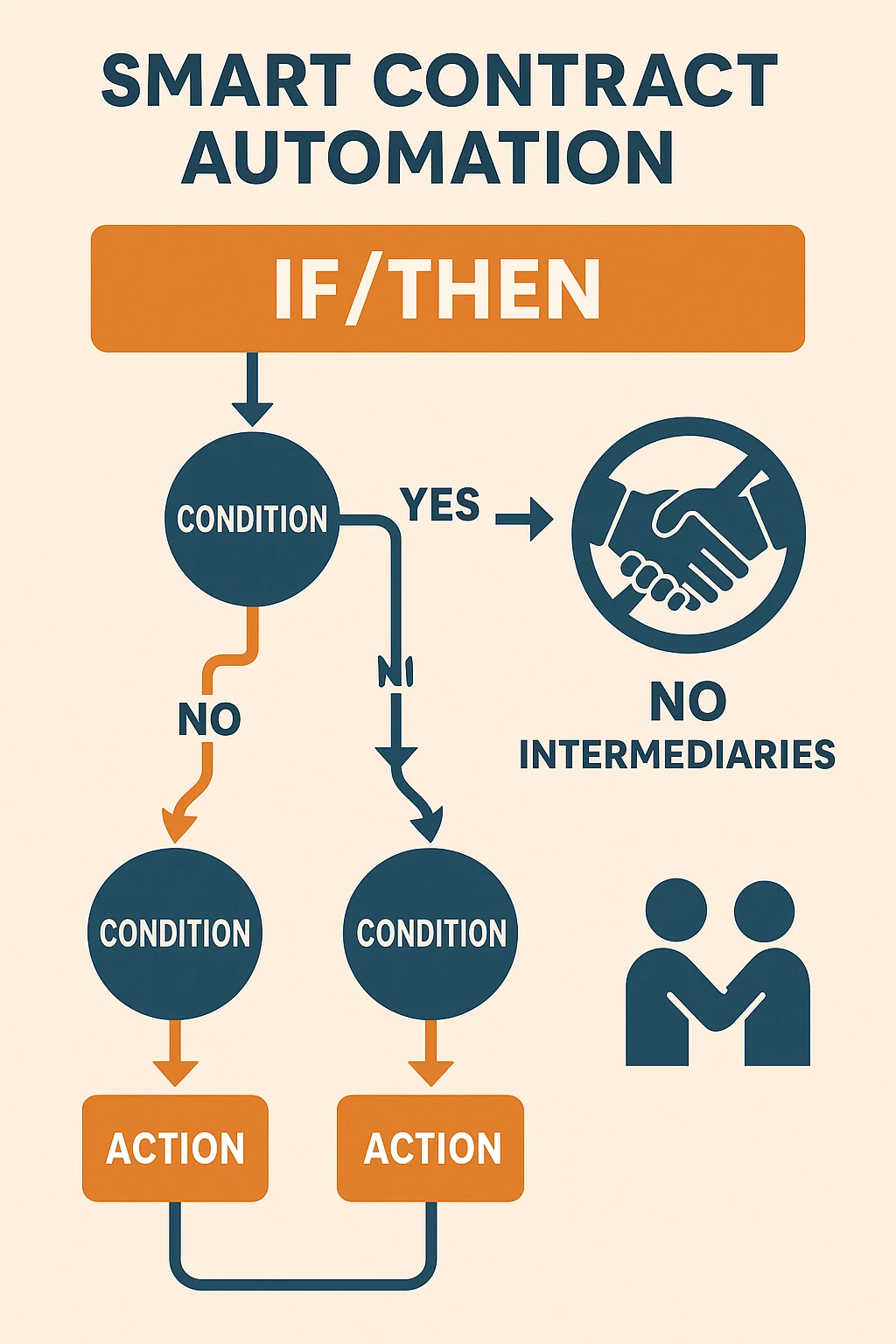 Diagram showing smart contract if/then logic with automatic condition-based actions and no intermediaries