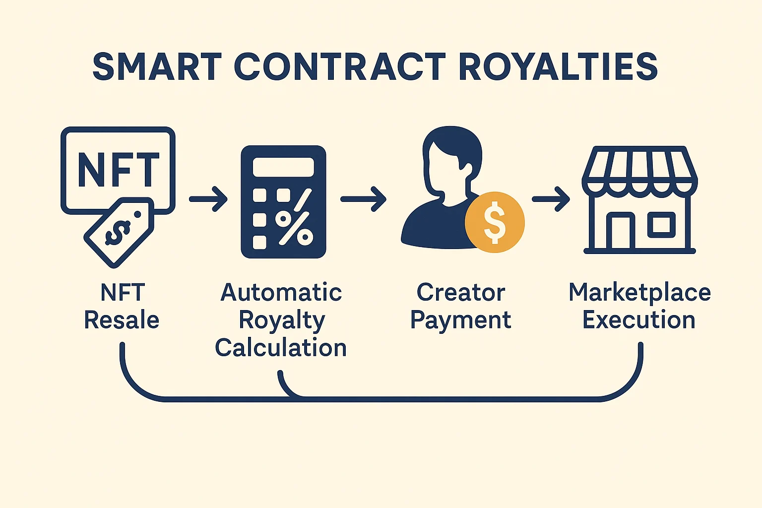 Infographic showing smart contract royalties process: NFT resale, automatic royalty calculation, creator payment, and marketplace execution