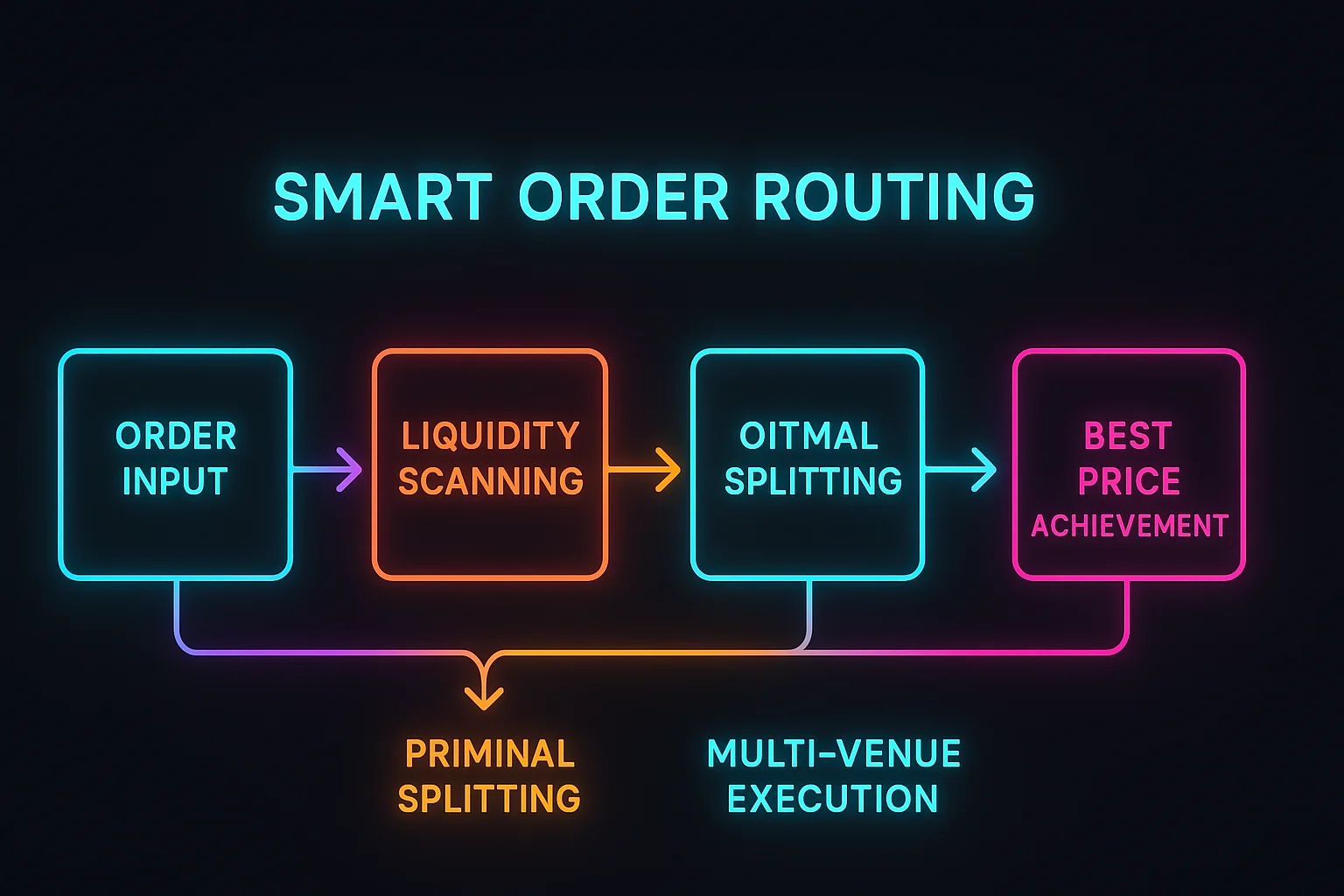 Smart order routing diagram showing order input, liquidity scanning, optimal splitting, multi-venue execution, and best price achievement