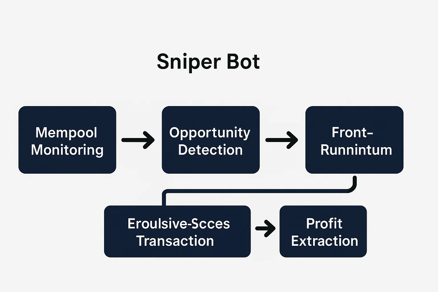 Sniper bot operation flowchart showing mempool monitoring, opportunity detection, front-running, and profit extraction steps.