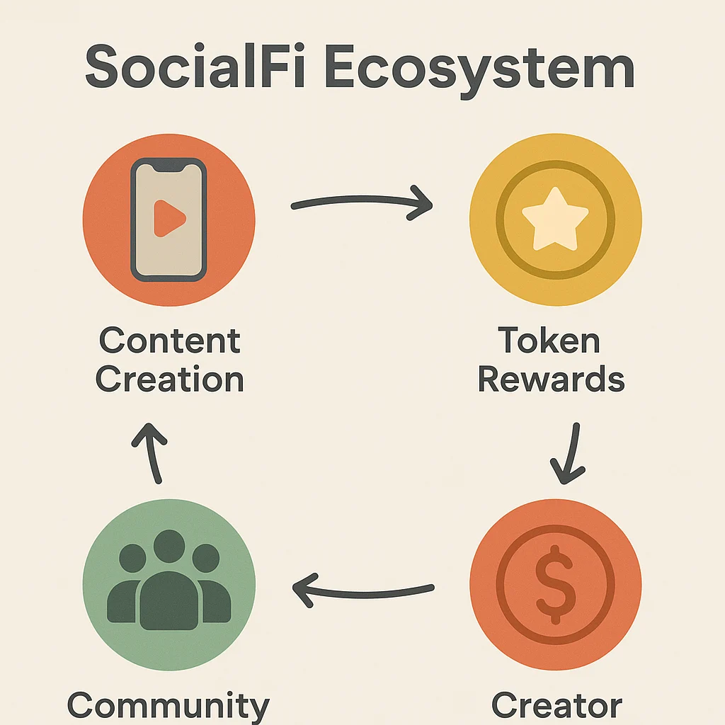 Infographic showing the SocialFi ecosystem with stages: content creation, token rewards, community governance, and creator monetization