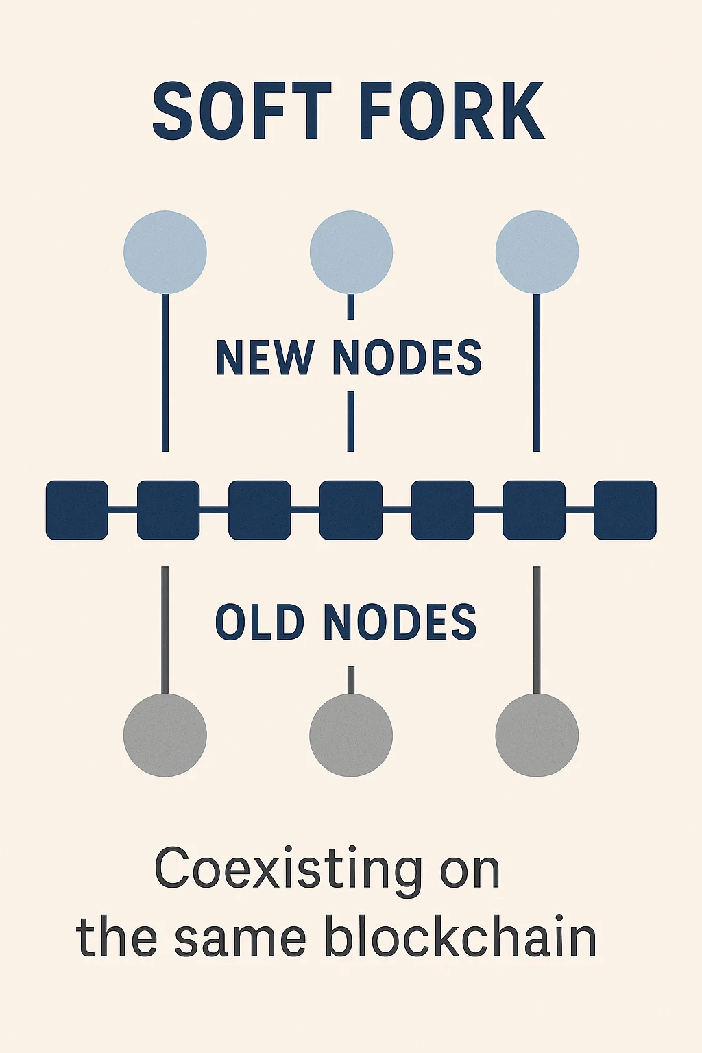 Infographic showing soft fork with old and new blockchain nodes coexisting and interpreting the same chain differently