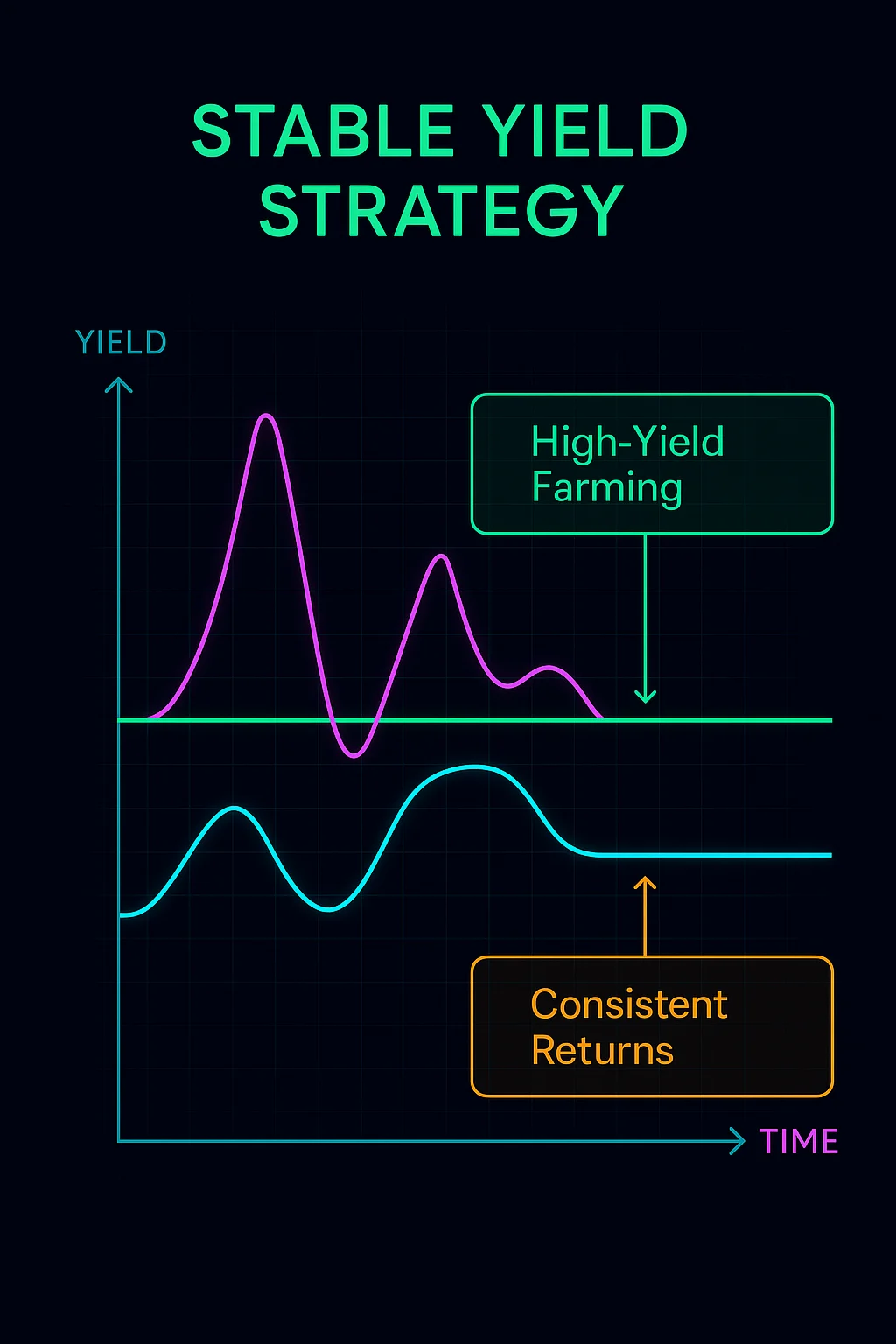 Infographic comparing stable yield strategies and high-yield farming with yield performance over time