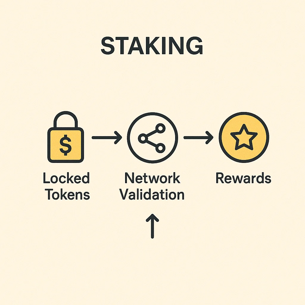 Infographic showing the staking process with locked tokens, network validation, and reward distribution