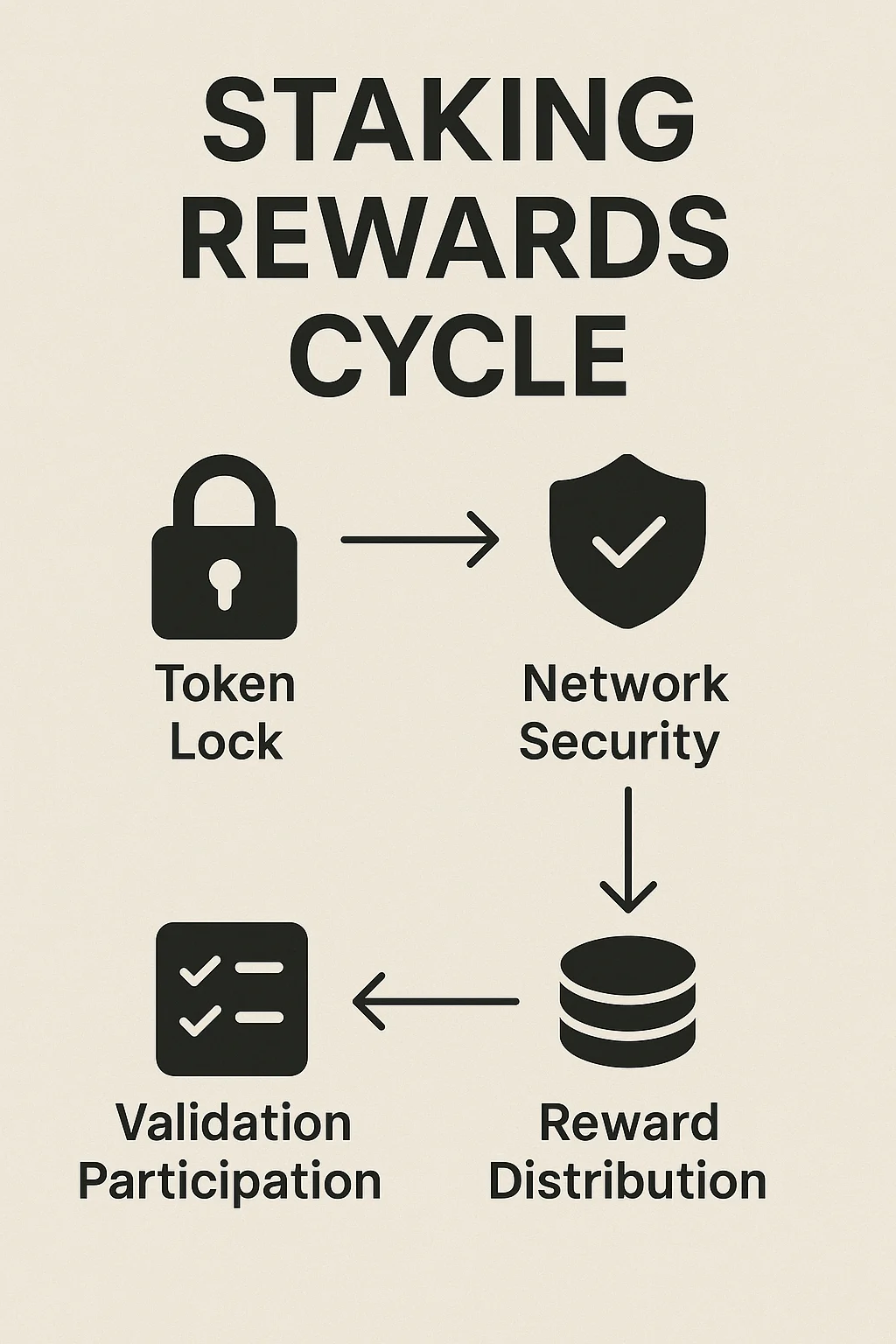 Infographic showing the staking rewards cycle with steps: token lock, network security, validation participation, and reward distribution