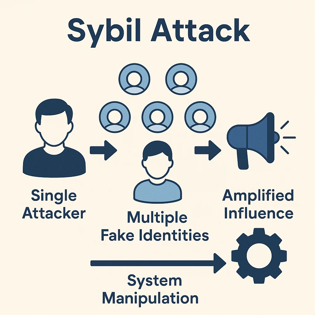 Infographic showing a Sybil attack process: one attacker creates multiple fake identities to amplify influence and manipulate a decentralized system