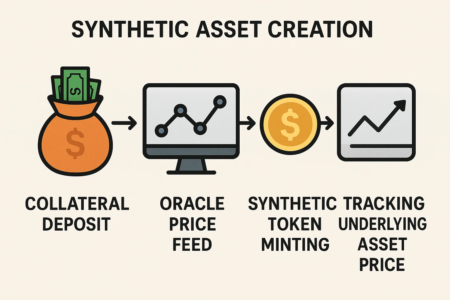 "Diagram showing the synthetic asset creation process: collateral deposit, oracle price feed, synthetic token minting, and asset price tracking."
