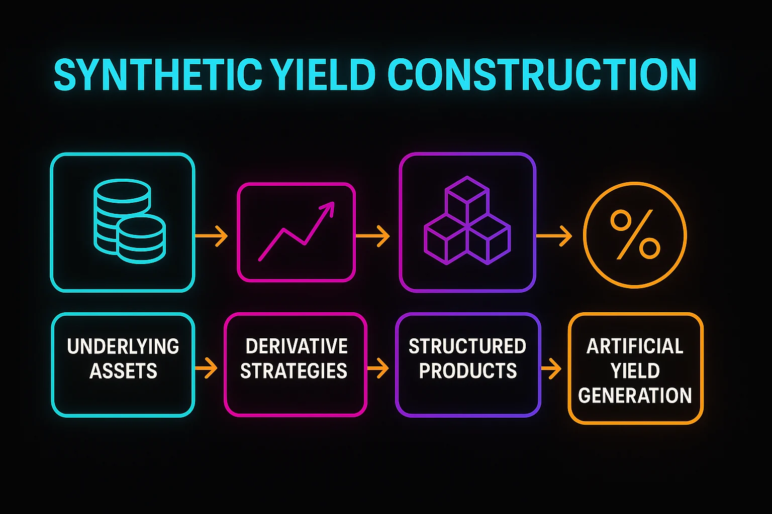 Synthetic yield construction flow showing underlying assets, derivative strategies, structured products, and artificial yield generation