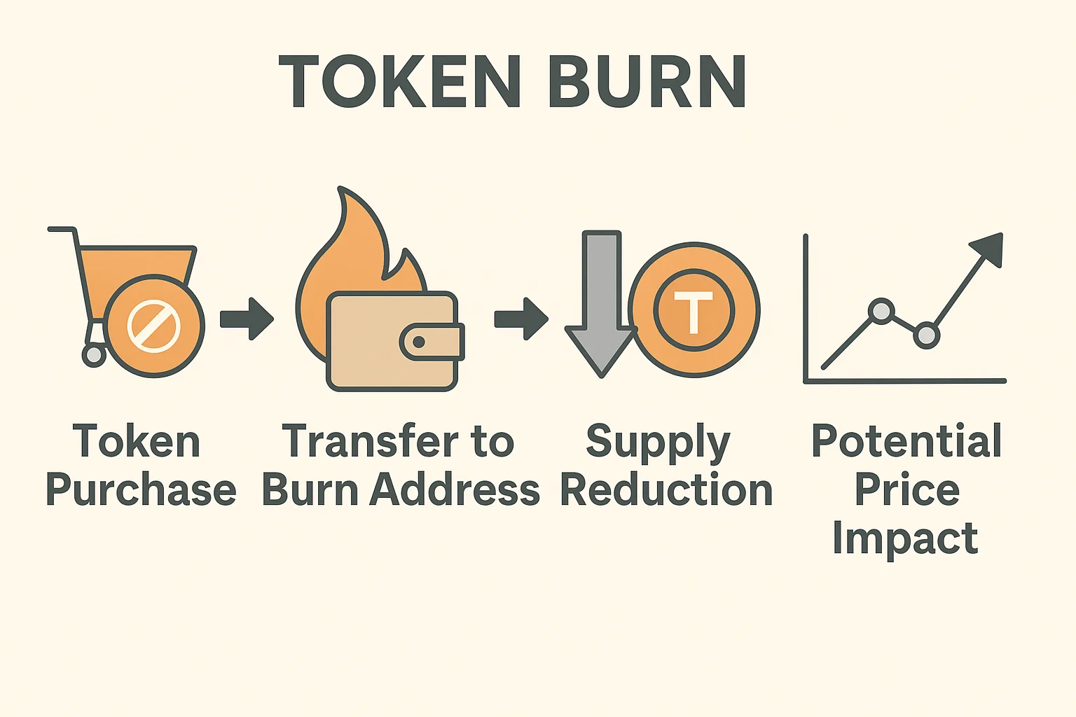Infographic showing the token burn process from token purchase to transfer to a burn address, leading to supply reduction and potential price impact