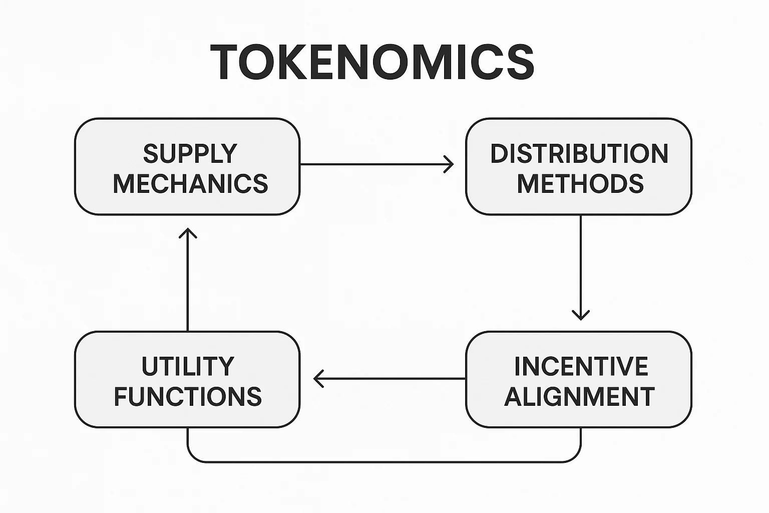Tokenomics diagram showing interconnected components: supply mechanics, distribution methods, utility functions, and incentive alignment.