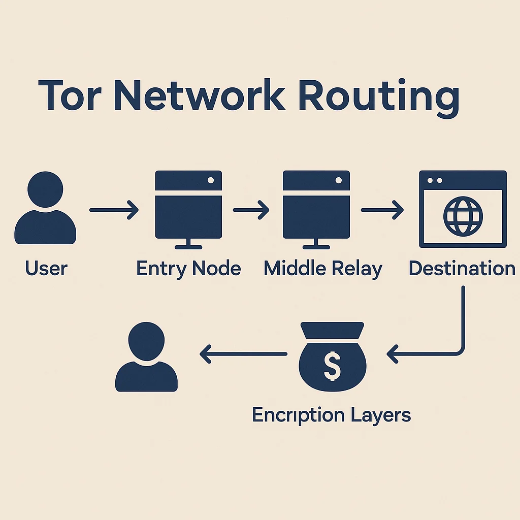 Infographic showing a compact view of Tor routing: user, entry node, middle relay, exit node, and destination with encryption layers