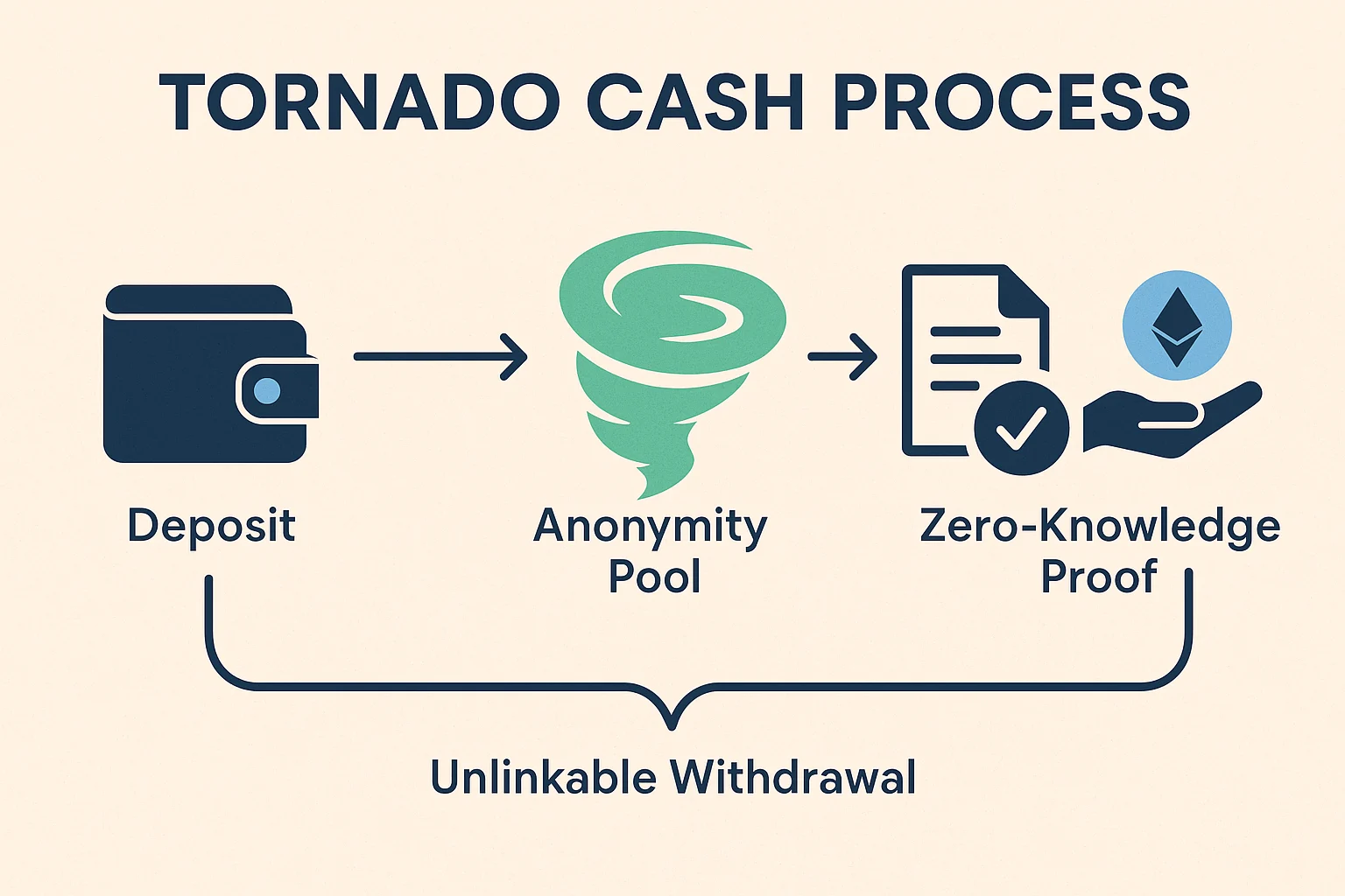 Infographic showing Tornado Cash process: deposit, anonymity pool, zero-knowledge proof, and unlinkable withdrawal