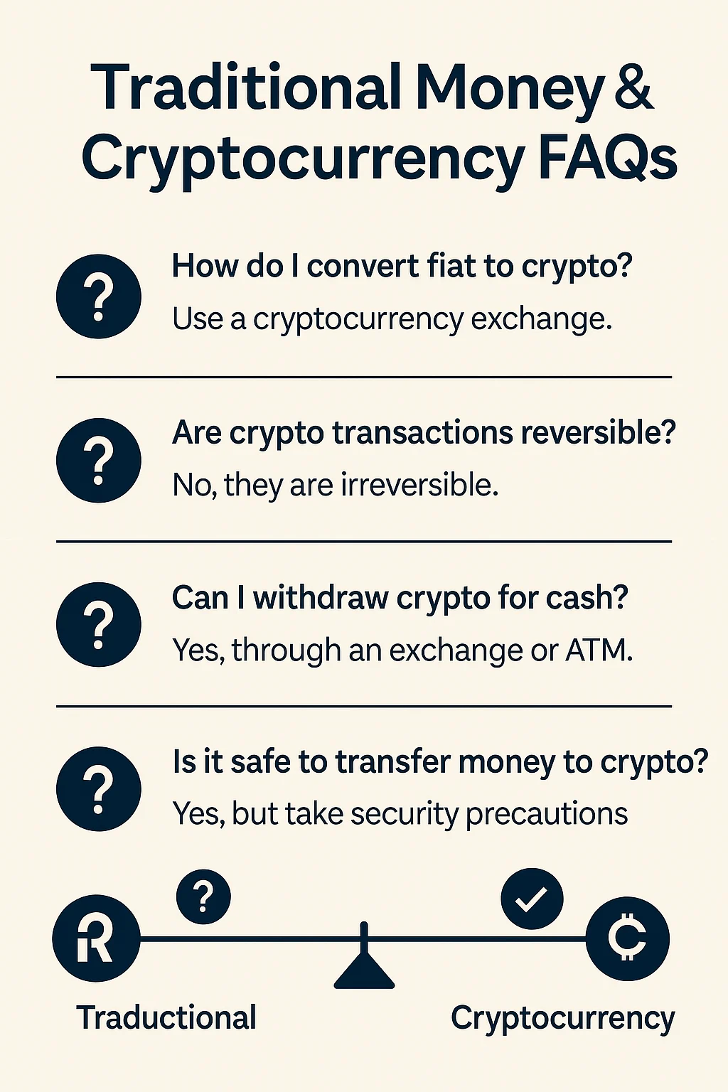 FAQ infographic showing common questions and answers about converting between traditional money and cryptocurrency