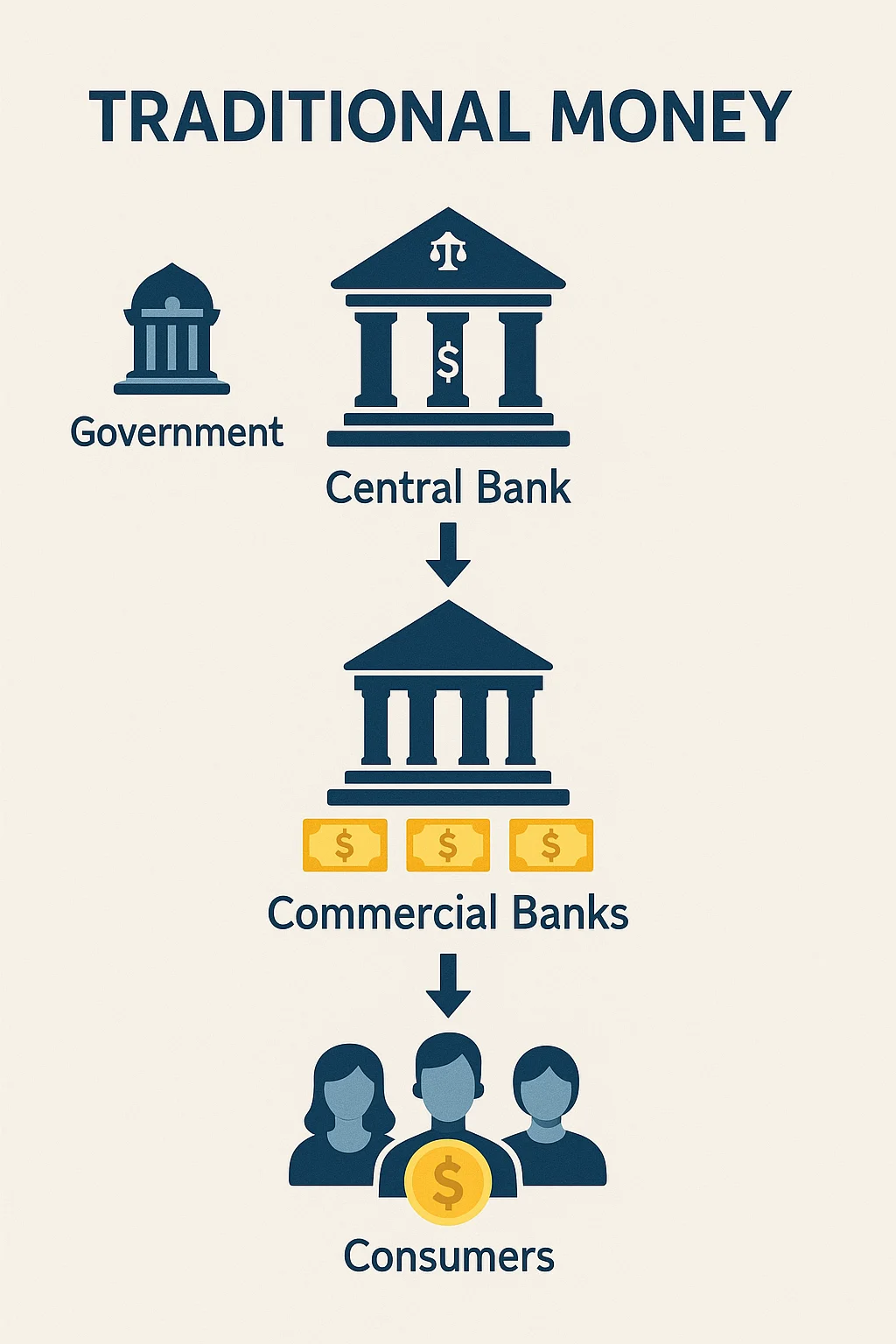 Infographic showing traditional money flow from government to central bank to commercial banks to consumers